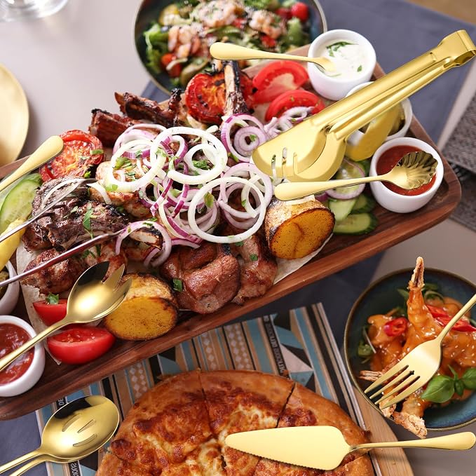 A· HOUSEWARE Gold Kitchen Utensils Serving Set 10 Piece Catering Silverware Stainless Steel Flatware for Buffet Party include Tong Serving Spatula Skimmer Ladles Big Fork Cheese Knife Dessert Spoon