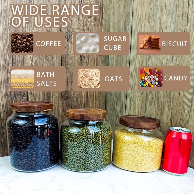 1PC Glass Storage Jars with Airtight Lids, 44 fl oz (1300ml) coffee container with Wooden Lid, Glass Pantry Canister for Beans, Rice, Sugar and etc
