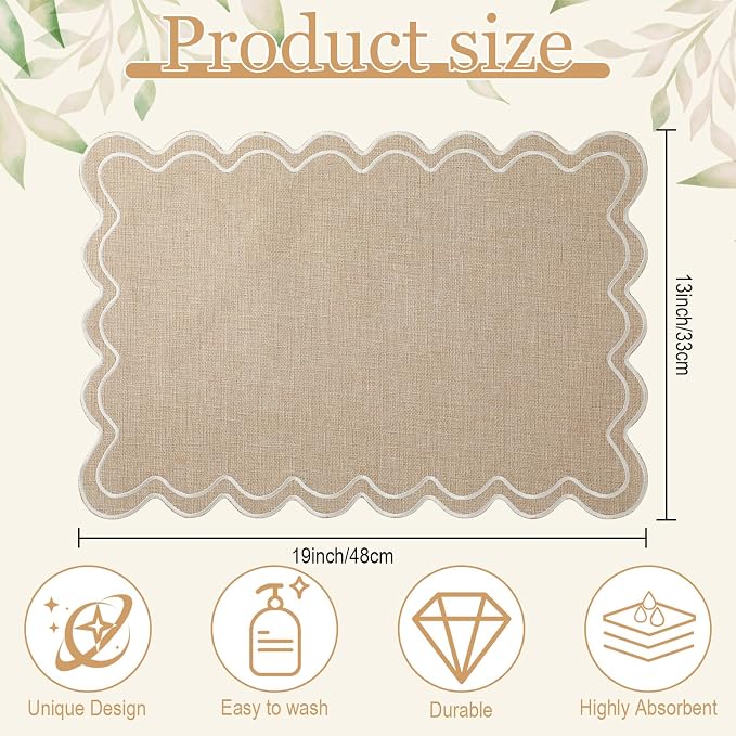 HunnmingRe Linen with Beige Set of 6 Cotton Linen Wedding Placemats, 13x19 Inch Scalloped Wavy Embroidery Placemat Double Layered Washable Rustic Rectangle Dinner Table Mat for Home Decor