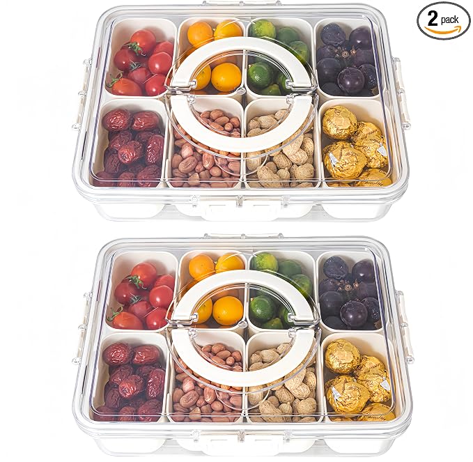 Dingerjar Divided Serving Tray with Lid and Handle - Divided Snack Tray for Portable Snack Platters - Clear Organizer for Candy, Fruits, Nuts, Snacks - Perfect for Party, Entertaining，2 pcs