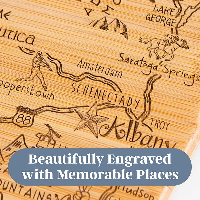 Totally Bamboo Destination New York State Shaped Cutting Board | State charcuterie serving board with engraved map artwork. Smooth reverse side for food prep. Hang tie for wall display.