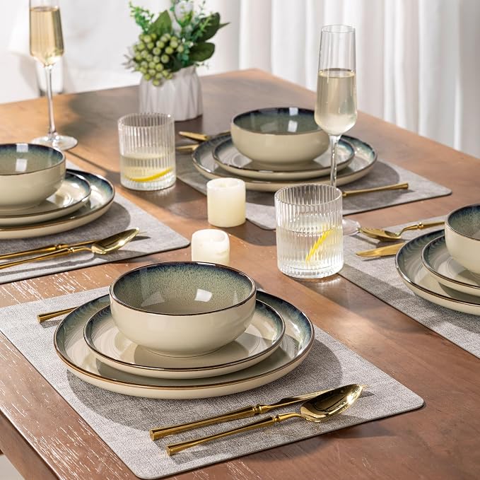 GBHOME Dinnerware Sets for 8, 32 Pieces Ceramic Plates and Bowls Set | Scratch Resistant Stoneware Dishes Set, Dishwasher & Microwave Safe, Reactive Glaze-Pale Khaki