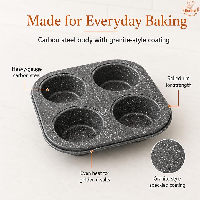 4-Cup Muffin Pan, Air Fryer Toaster Oven Muffin Tin Total 12 Cups | Nonstick Granite Coating Carbon Steel Cupcake Pan Set, Easy Release, Nests Flat for Storage, 3-Pack Muffin Baking Pan