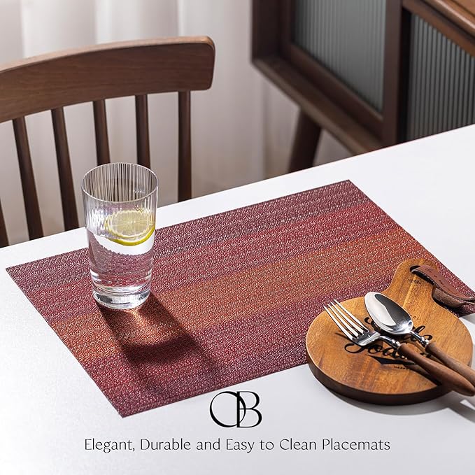 Placemats Set of 6 - Easy Clean Woven Vinyl Placemats for Dining Table, Indoor/Outdoor Place Mats, Washable PVC Table Mats（Pomegranate Parade）