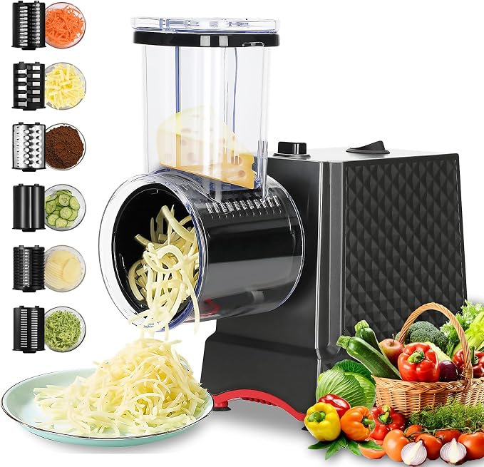 YOTAN Electric Cheese Grater, 250W Cheese Shredder with 6 Stainless Blades | One-touch Operation, Interchangeable, Electric Food Slicer for Cheese, Vegetable, Potatoes, Nuts and Meal Prep, Easy to Clean