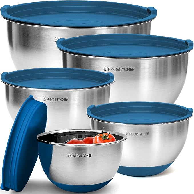 Premium Mixing Bowls With Airtight Lids Set, Thicker Stainless Steel Mixing Bowl Set, Large Prep Metal Bowls with Lids, Nesting Bowls for Kitchen, 1.5/2/3/4/5 Qrt, Blue