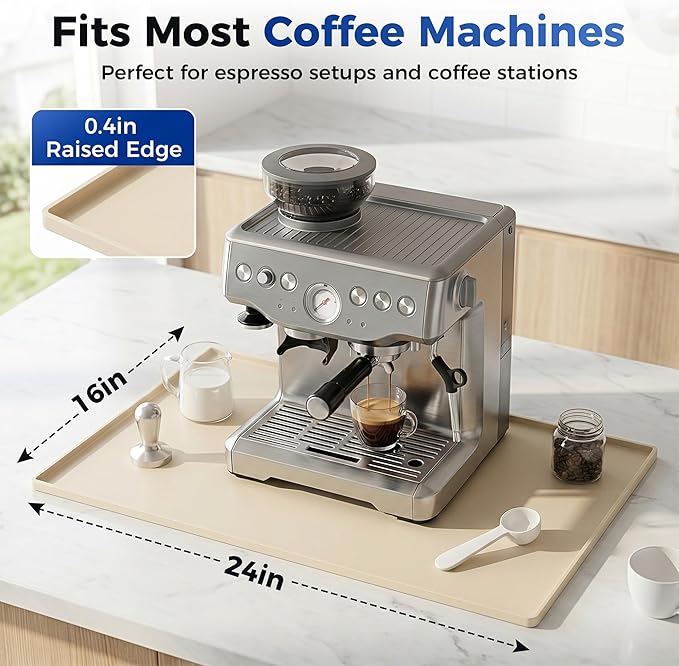 Golener Coffee Bar Mat, Silicone Coffee Mat with Raised Edges, 24"x16" | Coffee Mat for Countertop, Waterproof Coffee Station Mat, Dish Drying Mat Under Rack, Heat Resistant Coffee Machine Mat,Beige