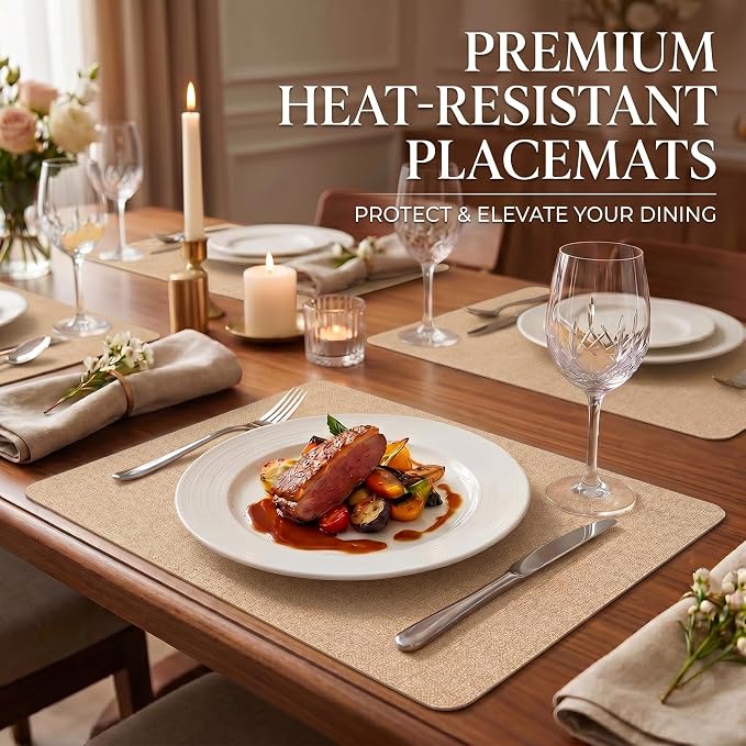 Faux Leather Placemats Set of 6, Wipeable Waterproof Stain Resistant Table Mats, Heat Resistant Thick Placemats with Hand-Painted Edges for Kitchen Dining, Imitative Linen Texture, Various Shapes