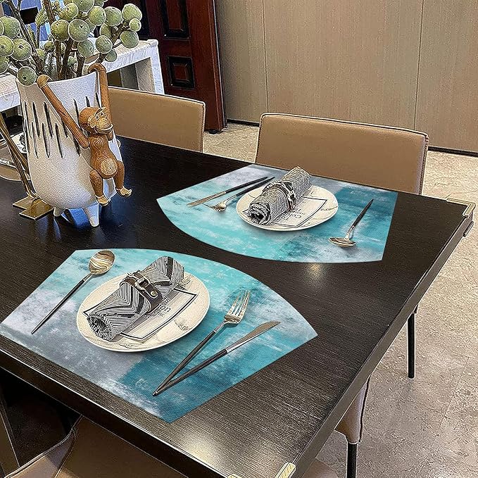 SHACOS Small Round Table Placemats Set of 5 Woven Vinyl Wedge Placemats with Centerpiece Round Table Mats Wipe Clean, Turquoise Grey Abstract Painting