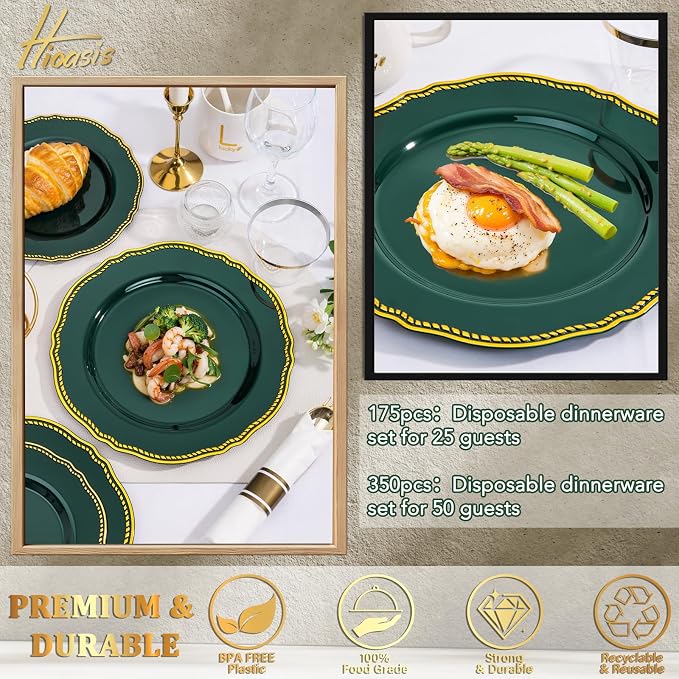 350 Pcs Green Gold Plastic Plates Wedding & Party | Gold Plastic Dinnerware Set Includes 50 Dinner Plates, 50 Dessert Plates, 50 Gold Utensils, 50 Napkins