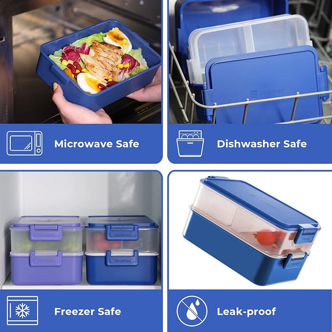 Stackable 2-Tier Adult Bento Box, 4 Compartments - Classic Blue | leakproof sauce cups, utensil set included, microwave & dishwasher safe, 7 colors available, ideal for work/school/picnic