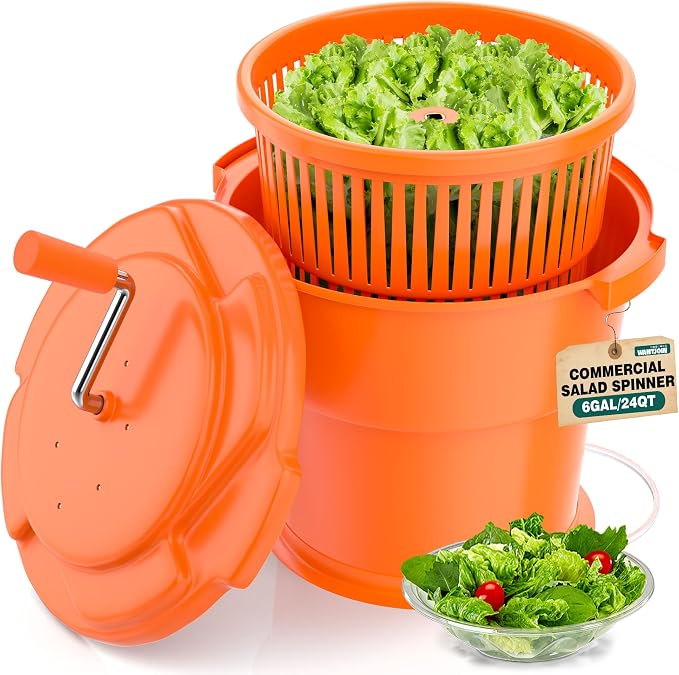 WantJoin Commercial Salad Spinner - [6 Gallon Salad Dryer] w/Silicone [Anti-slip Mat] & [Draining Hose], 24Qt Manual Salad Spinner for up to 7 Heads of Lettuce Spinner Large for Catering, Orange