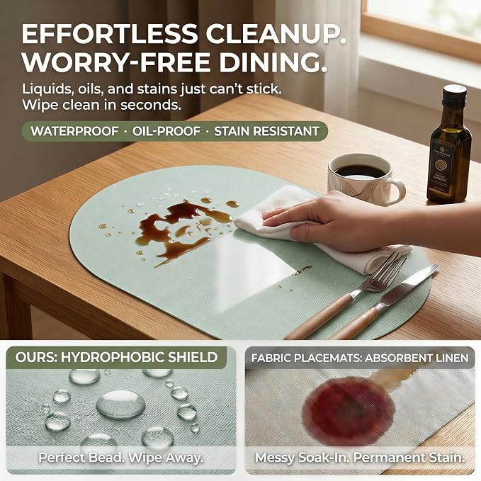 Faux Leather Placemats Set of 4, Wipeable Waterproof Stain Resistant Table Mats, Heat Resistant Thick Placemats with Hand-Painted Edges for Kitchen Dining, Imitative Linen Texture, Various Shapes