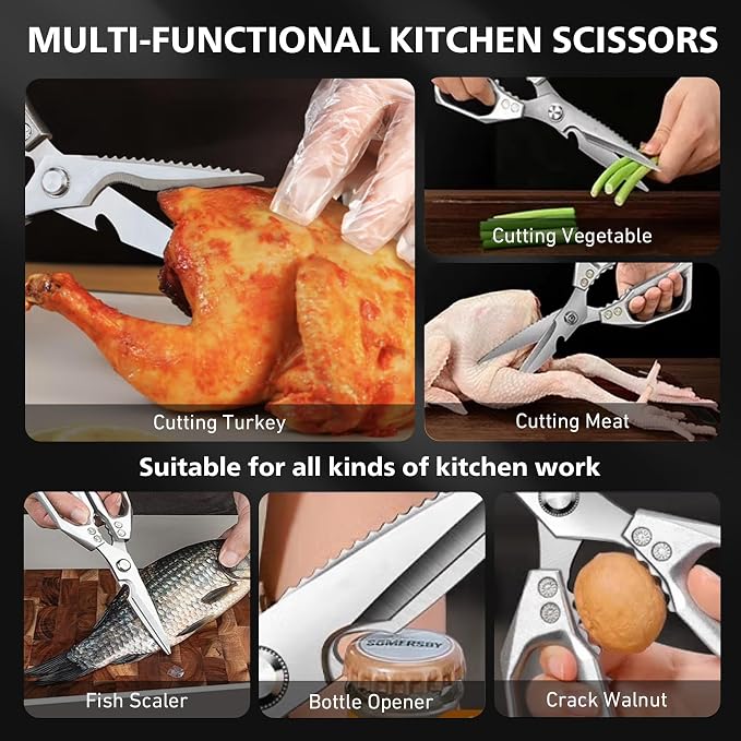 BALUCA Heavy Duty Kitchen Scissors All Purpose - Professional Stainless Steel Japanese Kitchen Shears for Food, Chicken Bones & Turkey | Dishwasher Safe, Sharp Meat & Poultry Scissors (Traditional)