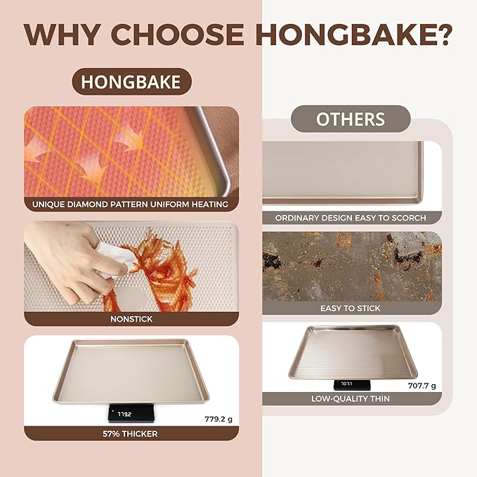 9-Piece Baking Pans Set Nonstick, Stackable Non Toxic Bakeware Sets with Diamond Texture, Oven Pan Set for Cooking, Includes Cookie Sheet with Rack, Cake Pan, Roasting Pan, Muffin Tin, Gold