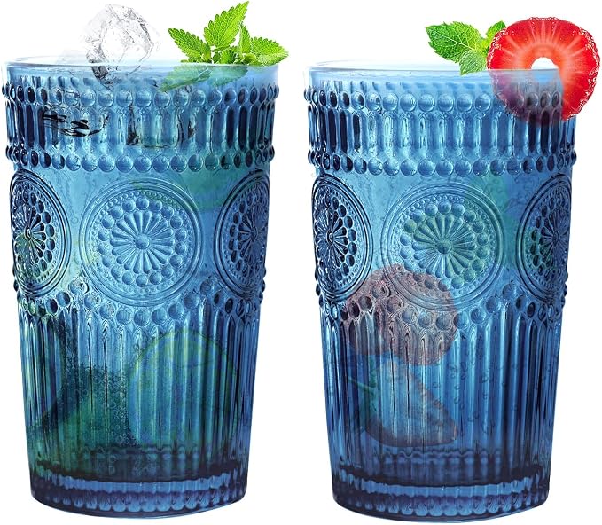 Loivttvv 6pcs Vintage Drinking Glasses Set, 12 oz Blue Highball Glasses, Embossed Ribbed Glassware Cups for Cocktail, Water, Juice, Coffee, Whiskey