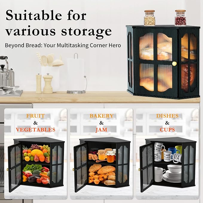 Corner Bread Box for Kitchen Countertop, Bread Storage Container for Bread | Large Capacity Bread Holder with 3 Adjustable Height for Counter, Breadbox Organizer