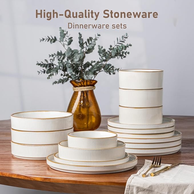GBHOME Stoneware Dinnerware Sets for 8, 24-Piece Plates and Bowls Set | Handmade Reactive Glaze Ceramic Dish Set, Scratch Resistant, Dishwasher&Microwave Safe,Warm White