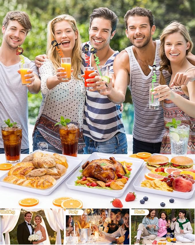 YOUBET 8PCS White Plastic Serving Trays for BBQ, Picnic, Party, Wedding | Plastic Trays for Serving Food - Super Strong Disposable Platters, Heavy Duty Plastic Trays