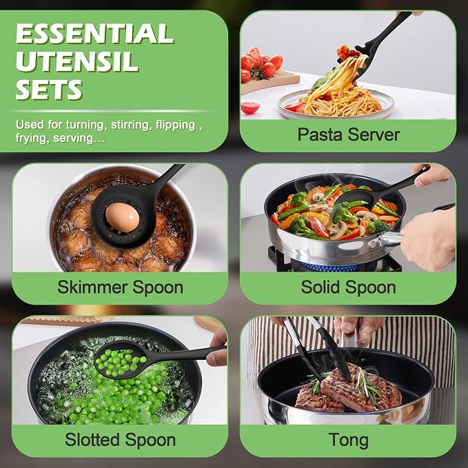 Homikit Silicone Cooking Utensil Set, 15pcs Kitchen Utensils with Holder | Black Silicone Spatula Set for Nonstick Cookware, Heat Resistant up to 446ºF, Nontoxic Baking Kitchen Tools, Dishwasher Safe