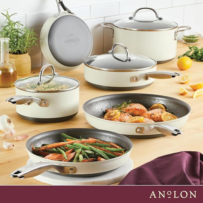 Anolon Achieve Hard Anodized Nonstick Cookware Pots and Pans Set, 9 Piece - Cream