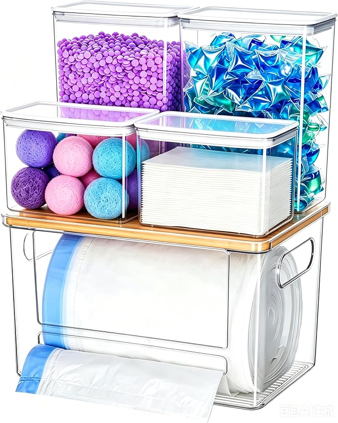 5-in-1 Under Sink & Pantry Storage Organizer Set | Bamboo lid trash bag dispenser, clear acrylic laundry pods container; fits kitchen pantry, laundry room & under sink storage