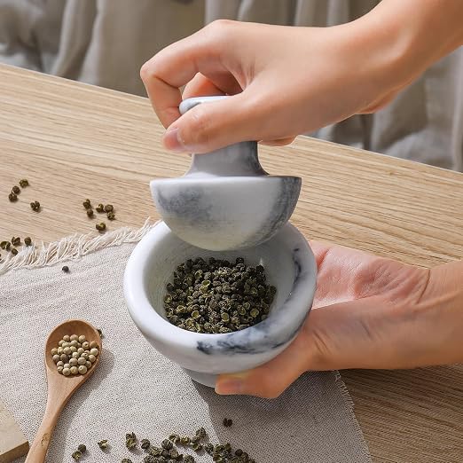 Marble Mortar and Pestle Set for Grinding Herbs Spice Pills Seeds Guacamole Garlic and Ginger Stone Grinder Seasoning Crusher Elegant and Cute Kitchen Tools (White)