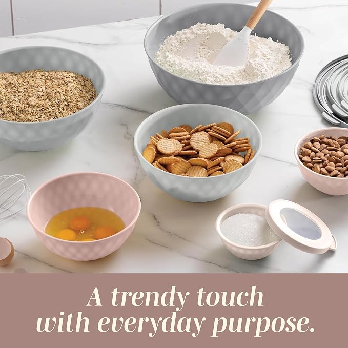 COOK WITH COLOR Mixing Bowls with Lids - 12 Piece Plastic Nesting Bowls Set includes 6 Prep Bowls and 6 Lids, Microwave Safe Mixing Bowl Set, Grey/Pink Diamond