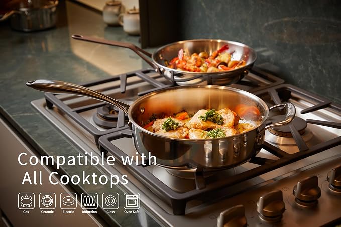 12 Inch/ 4.5 QT 5-Ply Stainless Steel Saute Pan with Glass Lid | Compatible with All Cooktops, Oven Safe 800F, Dishwasher Safe, PTFE, PFAS and PFOA Free