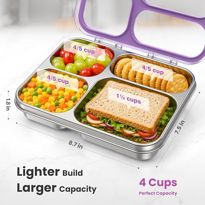 HOMEKOL Stainless Steel Bento Lunch Box, 4 Cups, Purple | 4-Compartment Leak-Proof Metal Lunch Container for Kids & Adults, BPA/BPS-Free, Dishwasher Safe, Clear Lid, (Not Insulated)