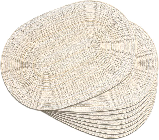 Placemats Set of 8, Woven Oval Braided Dining Table Mats(Beige) | 12 x 17.5 Inch Size Fits Plates and Flatware; Hand Washable and Heat Resistant for Kitchen Use, with Farmhouse and Boho Style