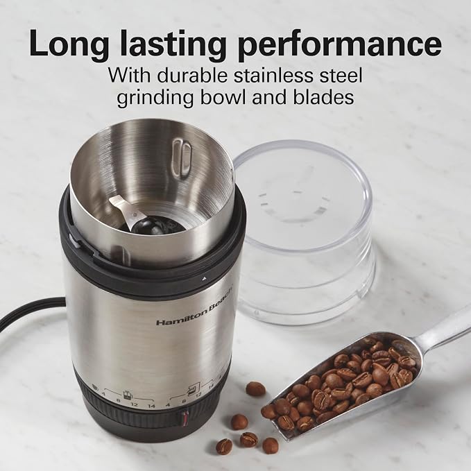 Hamilton Beach Custom Grind Electric Coffee Grinder For Up To 14 Cups | Grinds Coffee Beans, Spices & More | Hands-Free Operation, Auto Shutoff | Easy-Clean Removable Chamber | Stainless Steel