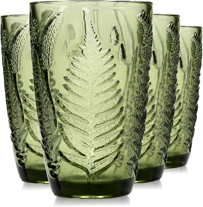 Green Drinking Glasses Set of 4, 12 oz Glass Cups, Vintage Fern Glassware | Hand-Pressed, Dishwasher Safe, Boho Leaf-Textured Drinkware, Embossed Highball Tumblers for Water, Retro Kitchen Gift