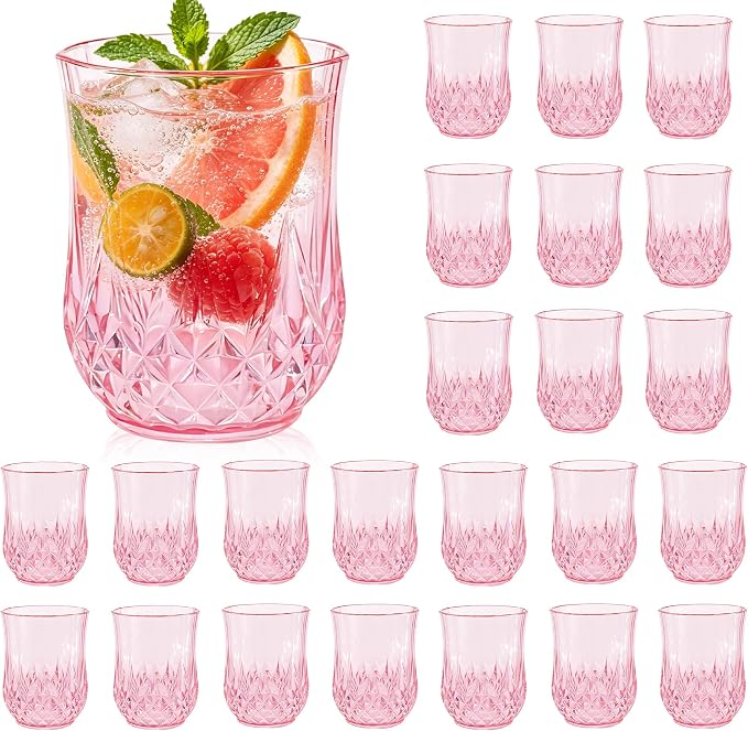 24 Pack Plastic Stemless Wine Glasses, 12oz Unbreakable Wine Cups | Reusable Fancy Vintage Drinking Glass Bulk for Cocktail, Whiskey, Juice, Elegant Decor for Wedding, Party & Holiday Events
