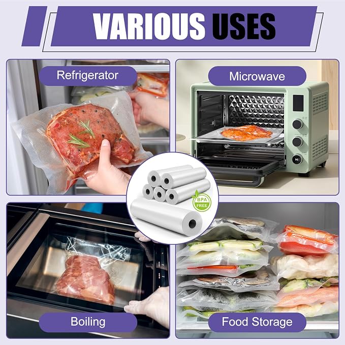 CAREGY Food Vacuum Sealer Rolls Bags 8 Pack | 4 Rolls 8'' x 20' & 4 Rolls 11''x 20', Commercial Grade BPA Free Embossed Food Saver Bag Rolls for Meal Prep & Food Storage