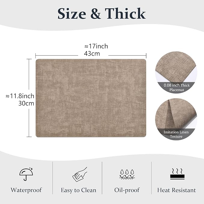 FROMHEART Faux Leather PU Placemats Set of 8 (Light Coffee,11.8" x 17") | Waterproof,Heat/Oil Stain-Resistant Table Mat–Reversible,Non-Slip,Easy to Clean Place Mats for Kitchen,Dining,Indoor/Outdoor