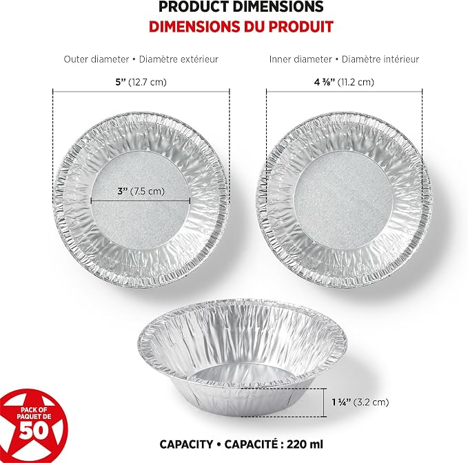 Starfrit 50-Pack 5" Aluminum Tart Plates, Disposable, Oven & Freezer Safe | Ideal for tarts & pot pies. 5" individual size. 50 pans. Oven, freezer & air fryer safe. Recyclable. Made in Canada.