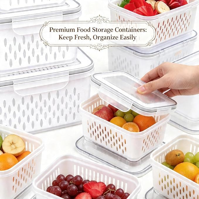 6 Packs Large Fruit Containers, Fridge Organizer Bins | Plastic Airtight Food Storage Containers with Removable Colander for Berries, Fruits, Vegetables, Salad