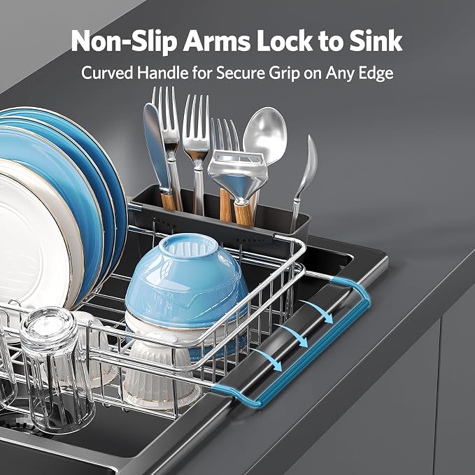 Delamu Over The Sink Dish Drying Rack for Small Kitchen | Expandable Stainless Steel Dish Rack in Sink, Dish Drainers for Kitchen Sink with Cup & Utensil Holder, Rustproof, Small