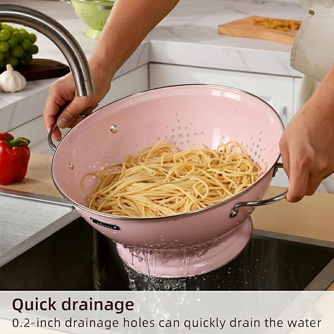 Metal Colander 2 Pack, Strainer Bowel with Handles 2Qt & 6Qt Powder Coated Solid Ring Base Heavey Duty Kitchen Drainer Basket for Pasta Veggies and Fruits,New Home Apartment Essentials (Pink)