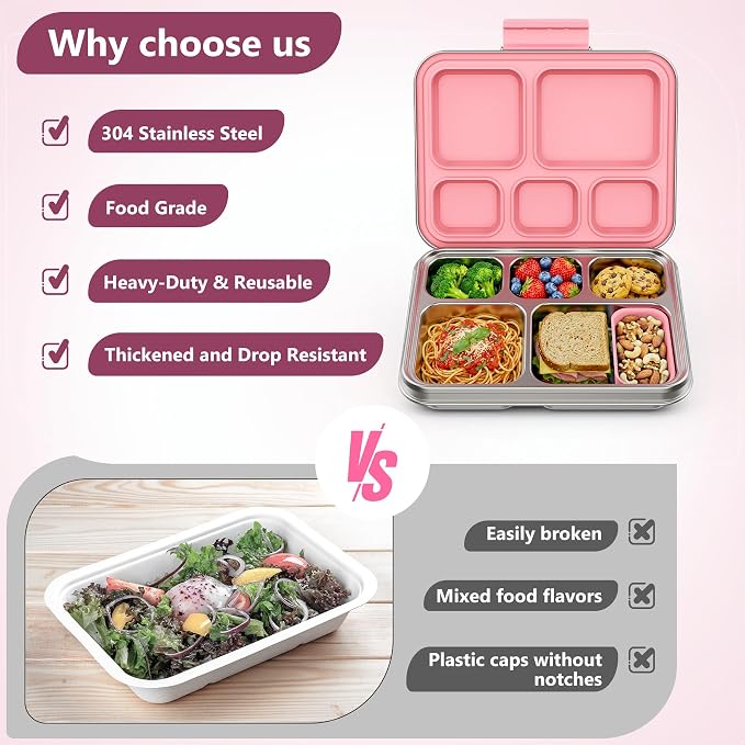 Pawtong Stainless Steel Lunch Box, 5-Compartment Bento Lunch Box for Kids & Adults,Metal Lunch Box with Removable Silicone Container, Lunch Box Containers for School,Office(Pink)