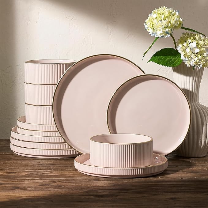 Famiware Plates and Bowls Set with Rim, Stoneware Dinnerware Sets for 4 | 12-Piece Ceramic Dishes, Lipped Edges, Chip & Scratch Resistant, Microwave & Dishwasher Safe, Everyday Formal Use, Light Pink