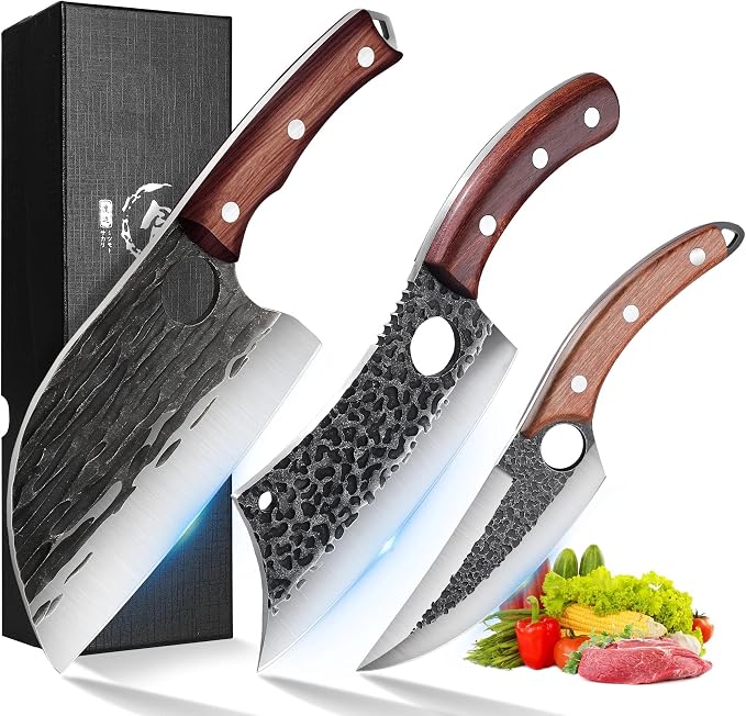 ROCOCO Butcher Cleaver Knife Set - 3PCS Serbian Chef Viking Boning Knife | Meat Cutting Cleaver for Kitchen Outdoor BBQ Camping Birthday Father Mother Christmas Gift Idea Men