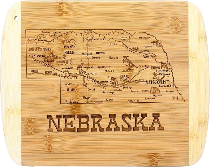 Totally Bamboo A Slice of Life Nebraska Engraved Map Cutting Board | 11” x 8.75” charcuterie board with engraved state map artwork. Smooth reverse side for food prep. Hang tie for wall display.