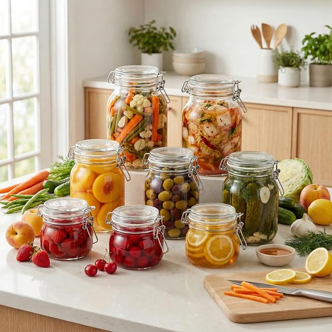 32 oz Round Glass Jars with Airtight Lids, 4 Pack Mason Jar with Clamp Lids | Air Tight Glass Food Storage Containers with Lids Keep Food Dry & Fresh, Best Canister for Flour, Sugar, Cereal, Rice, Coffee
