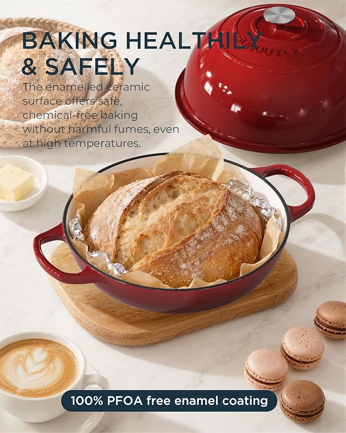 Enameled Cast Iron Bread Oven, 6QT Cast Iron Dutch Oven for Homemade Sourdough Bread Baking, Round Bread Pot with Dome Lid & Cotton Potholders, Cherry Red