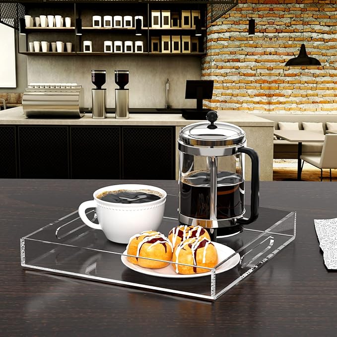 NIUBEE Acrylic Serving Tray 10x10 Inches -Spill Proof- Clear Decorative Tray Organiser for Ottoman Coffee Table Countertop with Handles | Spill-Proof tray for Coffee Table, Ottoman | Decorative Tray for Breakfast in Bed, Drink Serving & Home Organization