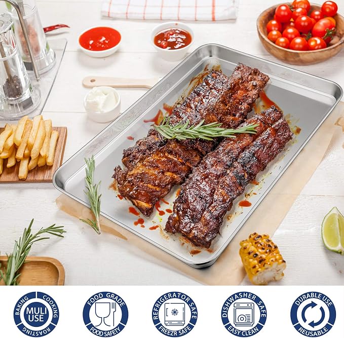 P&P CHEF Baking Sheet Pan, Stainless Steel Cookie Sheet, 16 Inch & 3 Pcs | Oven Tray Sheet Pan for Baking & Serving, Baking Tray for Multi Uses, Heavy Duty & Non-toxic, Rust Free & Dishwasher Safe