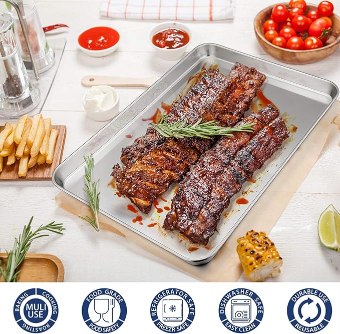 P&P CHEF Baking Sheet Pan, Stainless Steel Cookie Sheet, 16 Inch & 2 Pcs | Oven Tray Sheet Pan for Baking & Serving, Baking Tray for Multi Uses, Heavy Duty & Non-toxic, Rust Free & Dishwasher Safe