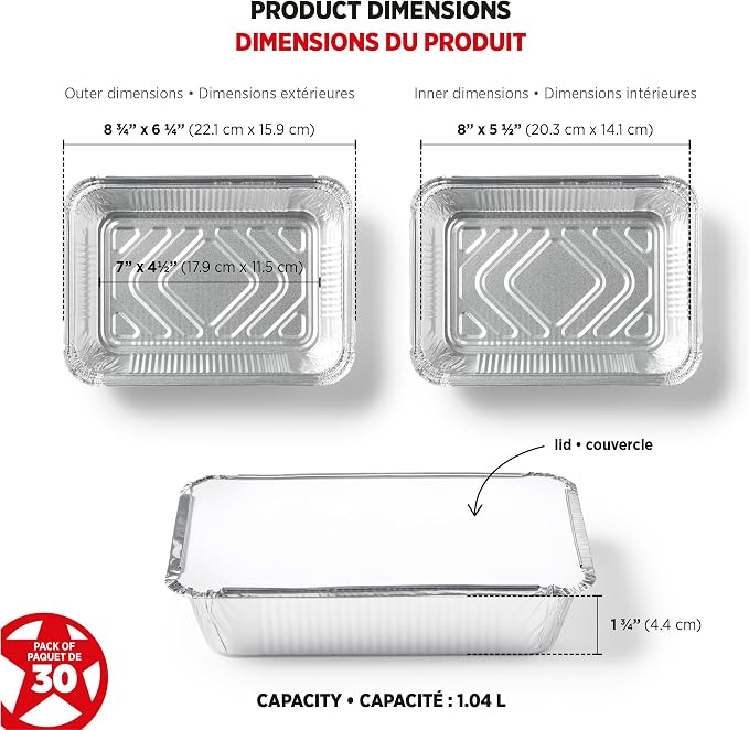 Starfrit Disposable Aluminum Meal Prep Containers with Lids, 30-Pack | 2.25lb capacity. Recyclable heavy-duty aluminum. Oven, freezer & air fryer safe. Ideal for meal prep, takeout & leftovers.